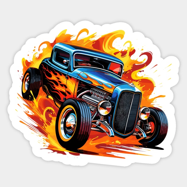 Hot Rod Classic Car Blue Flame Vintage Hot Rod Car Sticker by Tees 4 Thee